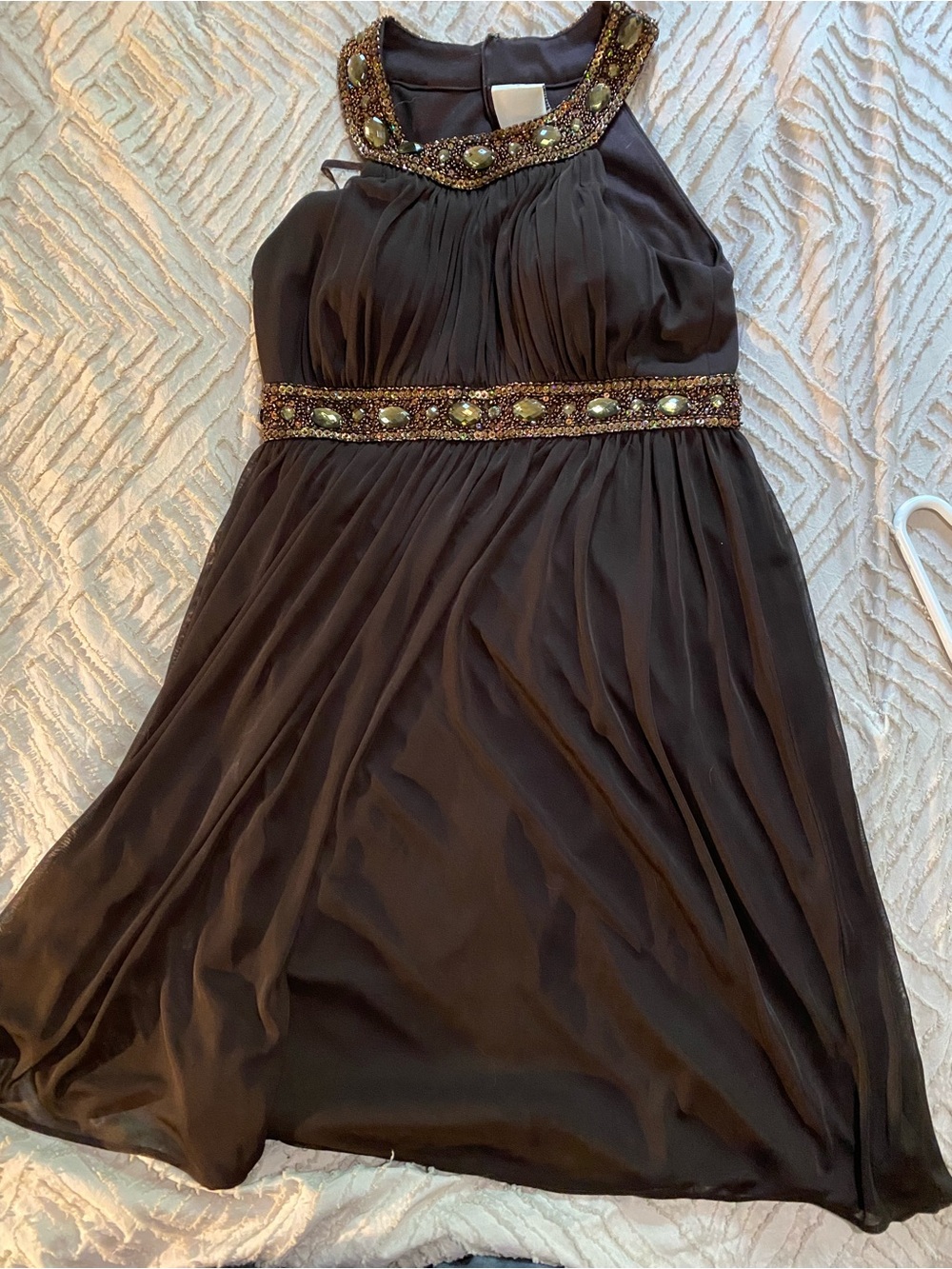 Cache Brown Above Knee Evening Dress with Beaded Trim